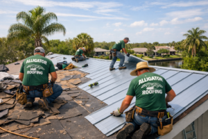Create a photorealistic image of a roofing crew replacing an asphalt shingle roof with a sanding sea