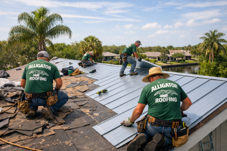 Create a photorealistic image of a roofing crew replacing an asphalt shingle roof with a sanding sea
