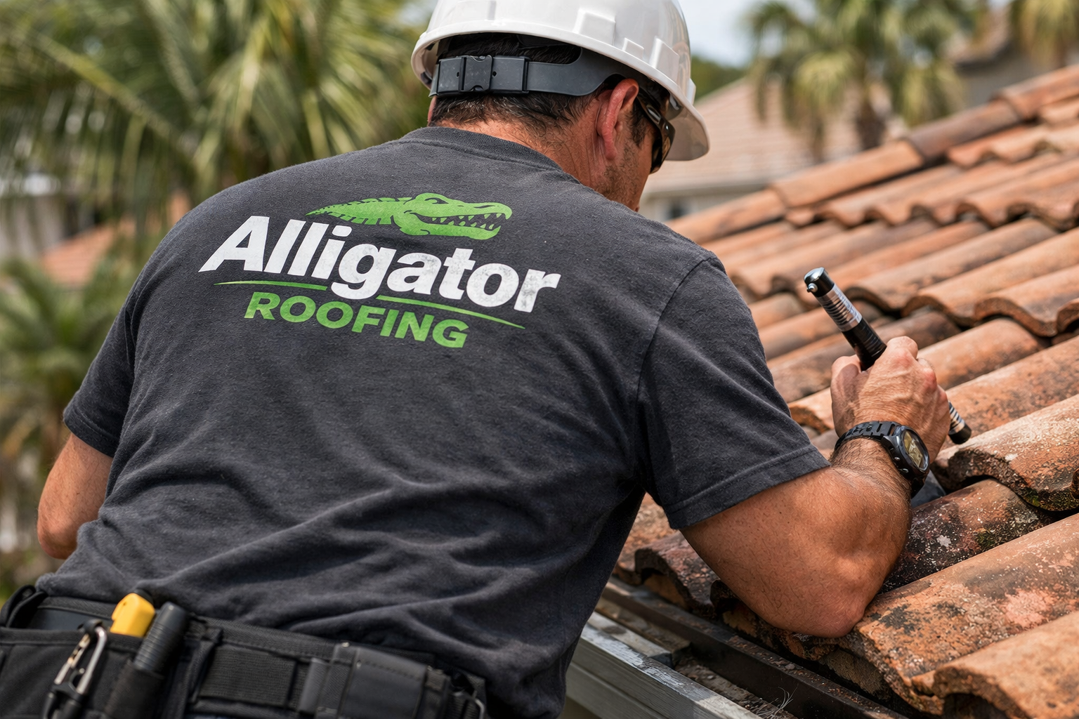 Create a photorealistic image of one person conducting a roof inspection in southwest Florida. Use a