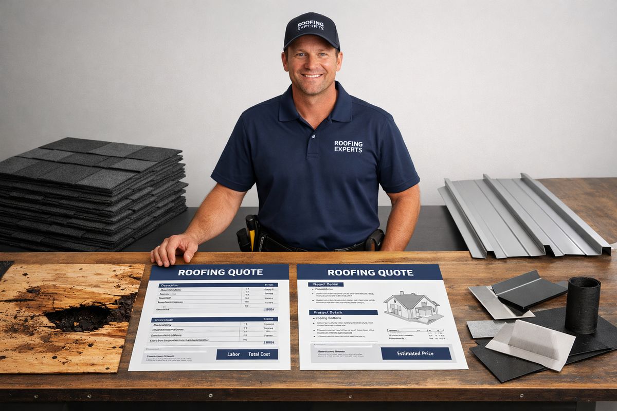 A roofing contractor standing beside two large quote sheets on a workbench, with a stack of asphalt shingles on one side, several long metal roof panels on the other, and exposed roof decking with a damaged section of wood and flashing pieces laid out nearby