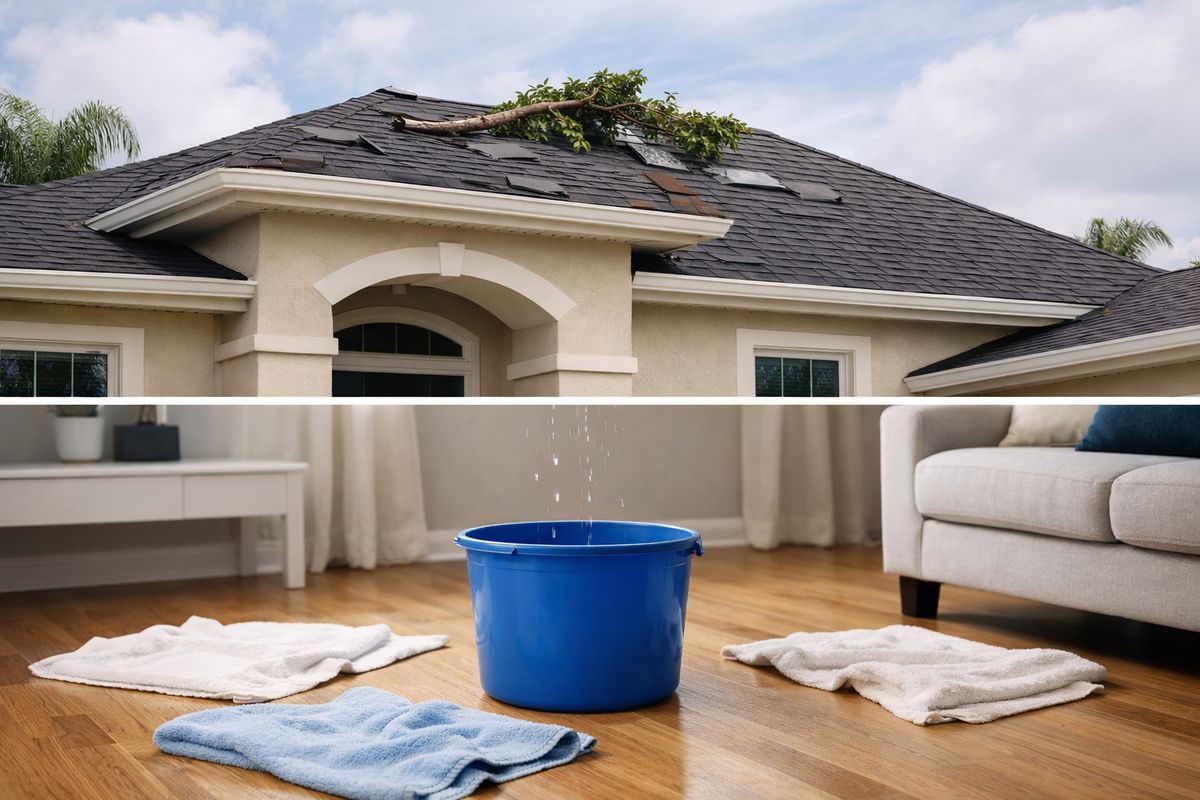 A Florida home viewed from the ground after a storm, with several missing shingles visible on the roof, a branch resting near the ridge, a bucket placed under a ceiling leak inside the room, and towels spread around the floor to protect furniture