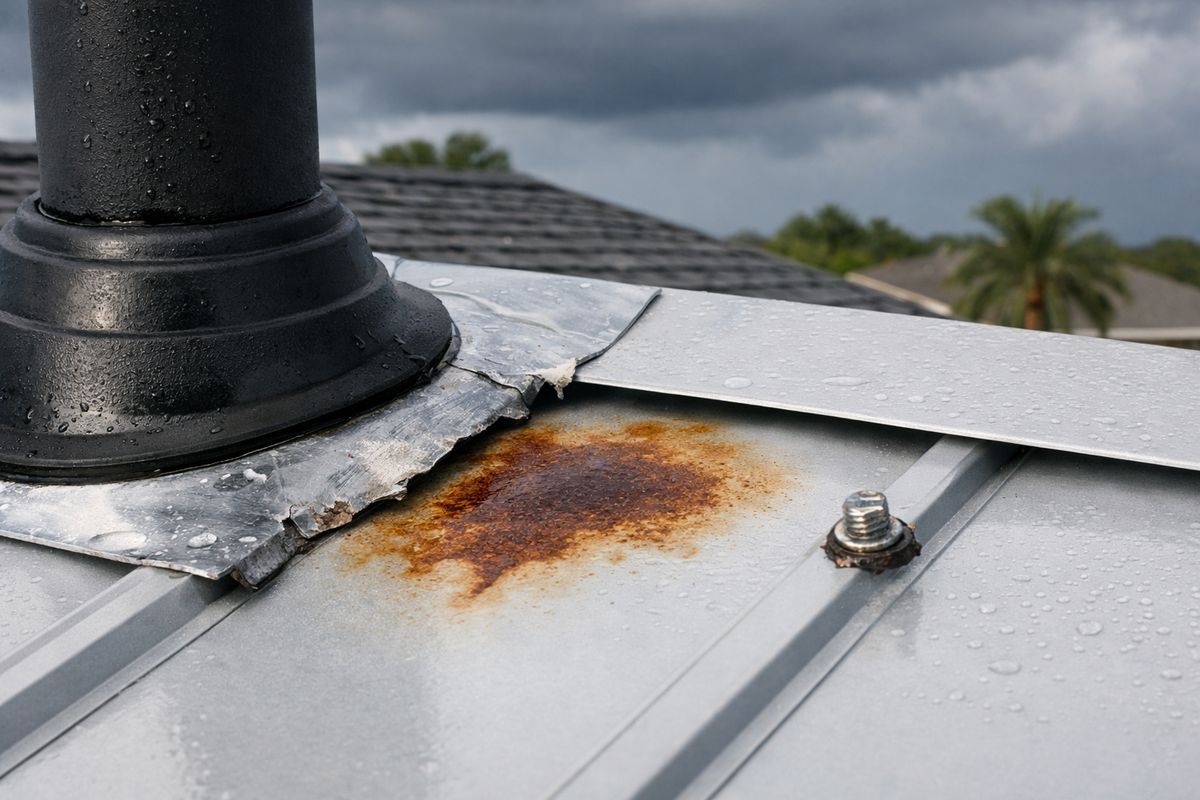 A close-up view of a metal roof showing a small leak stain near a vent boot, a loose fastener, and a section of damaged flashing, with dark storm clouds and wet shingles in the background of a suburban Florida house after rain