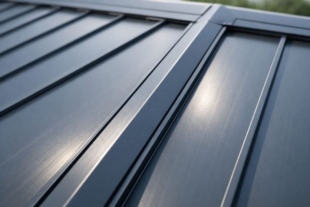 A close-up view of a modern metal roof with long vertical panels running from ridge to eaves, showing two panels meeting at a raised standing seam and hidden fasteners underneath, with clean lines and sunlight reflecting off the metal surface.