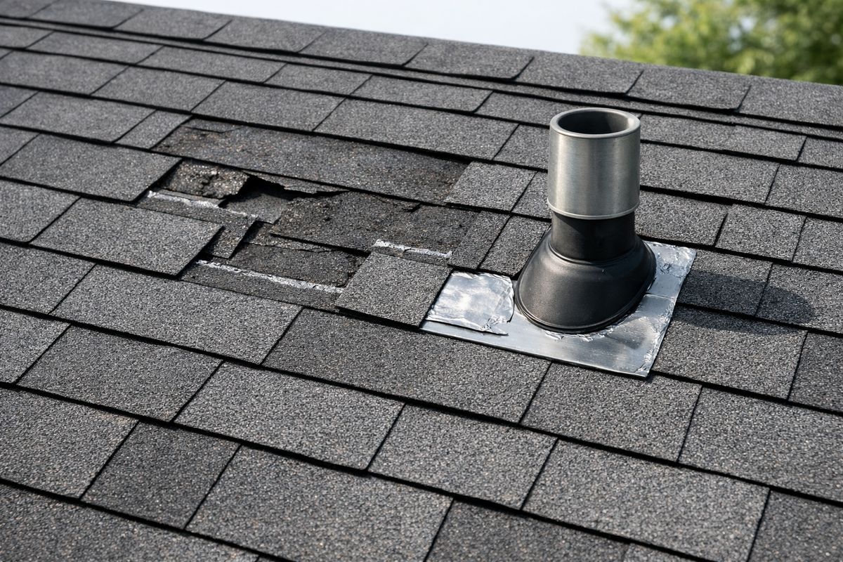 A close view of a residential roof with a few missing asphalt shingles near a vent pipe and a small area of repaired flashing, while the rest of the roof surface looks intact and evenly weathered under bright daylight