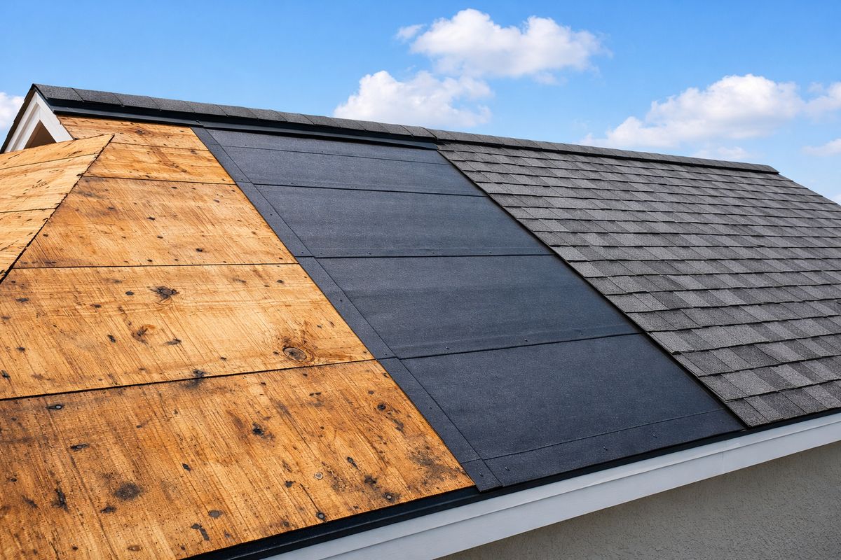A close-up view of a house roof where one damaged slope has been stripped back to the wood decking, with rolled underlayment exposed on the repaired section and intact asphalt shingles still covering the adjacent roof planes under a bright Florida sky
