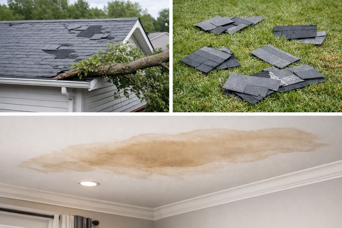 A suburban roof after a summer storm, with several shingles torn loose and scattered in the yard, a fallen tree limb resting across one corner of the roof, and a brown water stain spreading across an interior ceiling below the damage