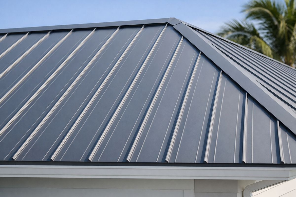 A close-up view of a residential roof with long vertical metal panels running from ridge to eave, showing raised seams between panels and hidden fasteners beneath the surface on a sunny Florida home