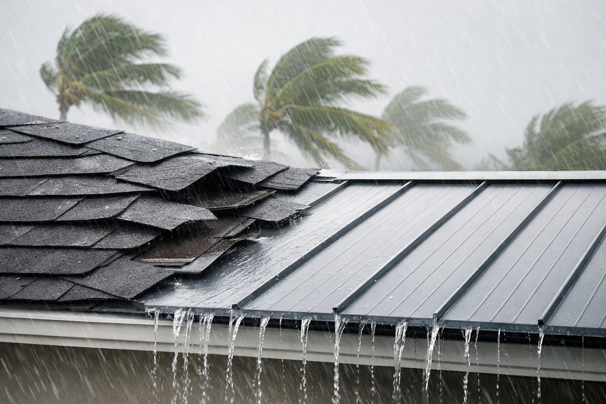 A Florida home roof scene during a heavy rainstorm, showing a section of wind-lifted asphalt shingles on one side and a standing seam metal roof panel section on the other, with rainwater streaming cleanly off the metal surface and palm trees bending in strong coastal wind