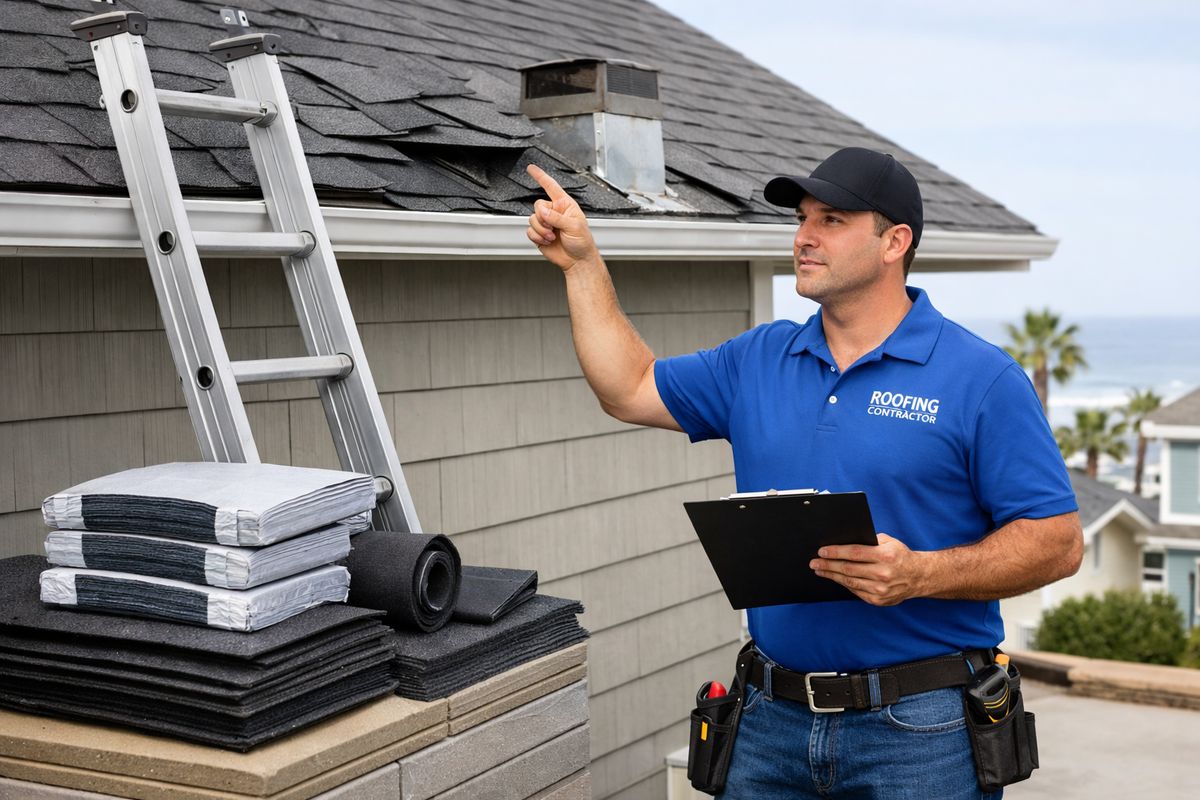 A licensed roofing contractor standing beside a ladder and pointing at lifted shingles, broken flashing, and wind-damaged roof sections while holding a clipboard, with replacement roofing materials stacked nearby beside a house in a coastal neighborhood
