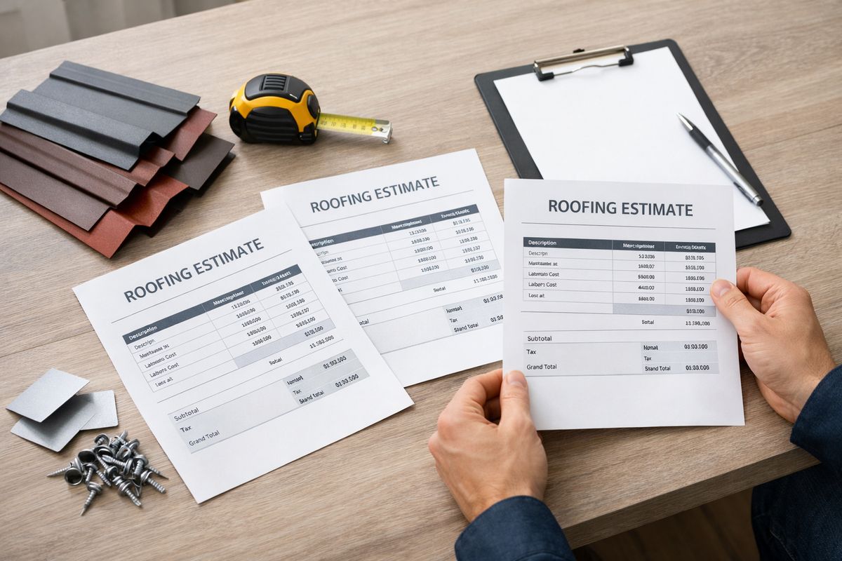 A kitchen table covered with three printed roofing estimates, a tape measure, roof panel samples, a clipboard, and a pair of hands comparing documents beside a small pile of roofing screws and flashing pieces