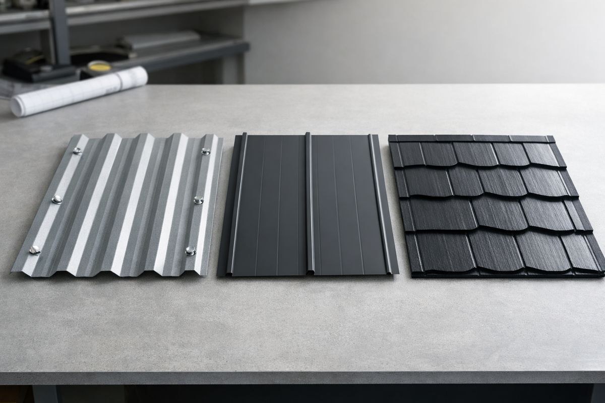 Three side-by-side roof panel samples laid out on a workbench: corrugated exposed-fastener metal with visible screws, a clean standing seam panel with raised vertical seams, and a decorative metal shingle profile resembling overlapping tiles