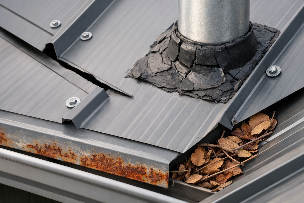 A close-up view of a metal roof showing exposed fasteners, a separated seam, cracked flashing around a vent pipe, rust spots on a panel edge, and leaves and branches gathered in a valley near the gutter