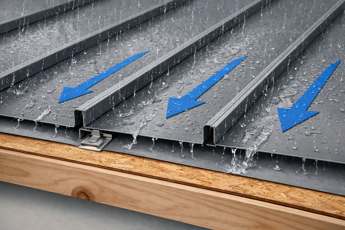 A cutaway roofing illustration showing long metal roof panels locked side by side over roof decking, with concealed clips fastening the panels beneath raised seams and arrows indicating water flowing downhill across the roof surface during a heavy rain.