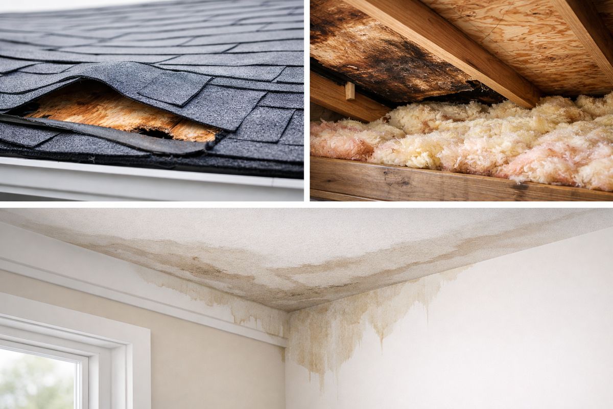 A damaged roof scene showing sagging shingles, a soft-looking section of exposed roof decking, damp attic insulation below, and water stains spreading across a ceiling corner inside the house