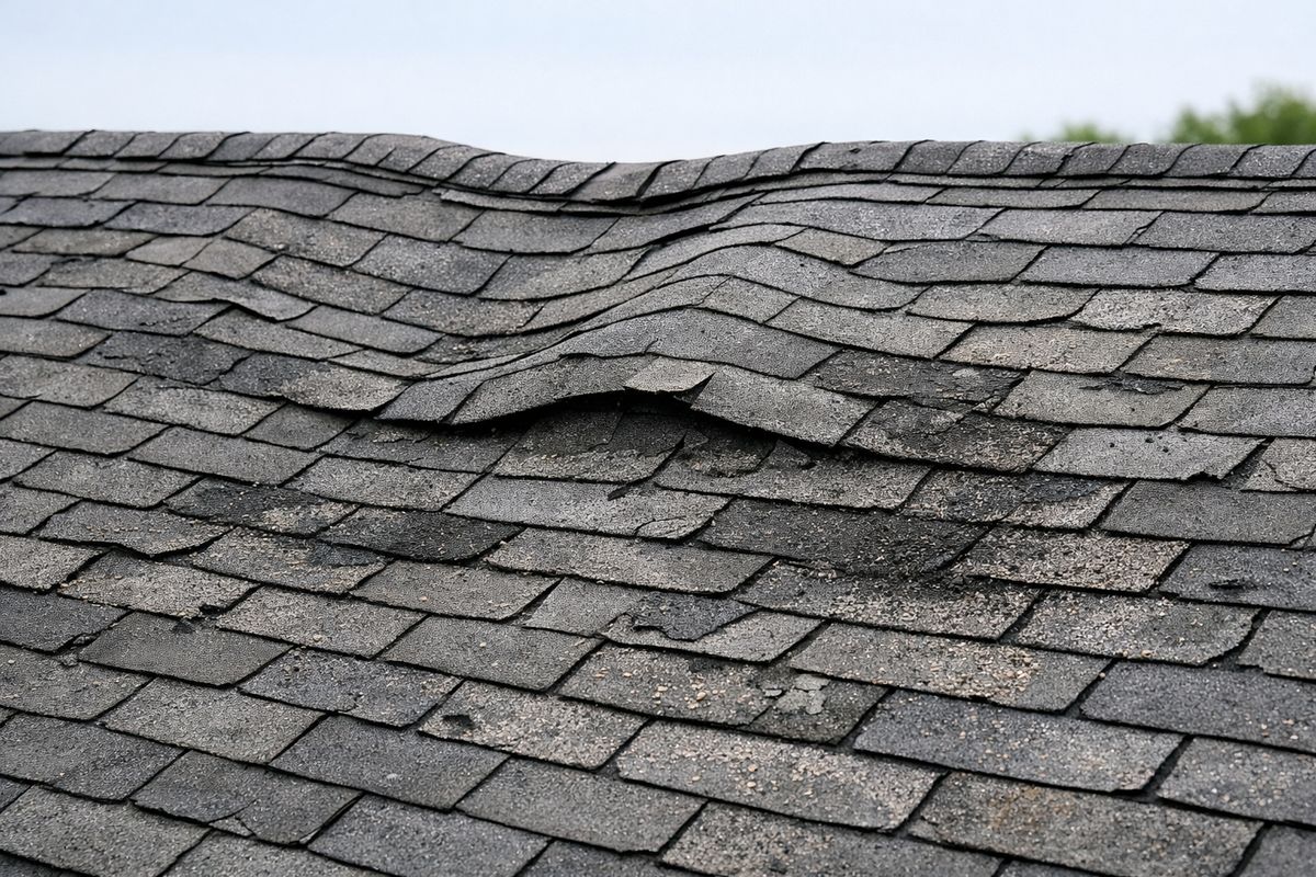 A worn residential roof with multiple curled and cracked asphalt shingles, scattered missing granules, visible dark stains around several areas, and a sagging section near the ridge that suggests widespread roof failure rather than one isolated repair spot