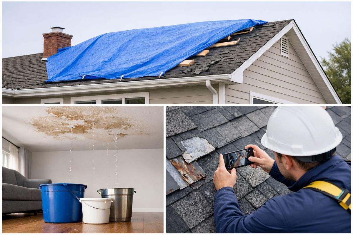 A storm-damaged home being secured with a blue tarp stretched over part of the roof, buckets catching drips inside a room beneath a stained ceiling, and a roofer on the roof taking close-up photos of missing shingles and flashing damage