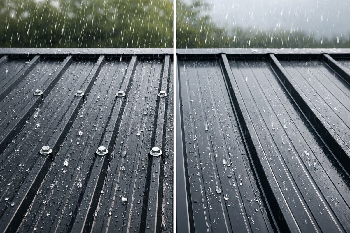 A split-view roof detail showing one side with exposed screw-down metal panels and visible screw heads, and the other side with standing seam panels, raised joints, and concealed clips beneath the panels during heavy rain