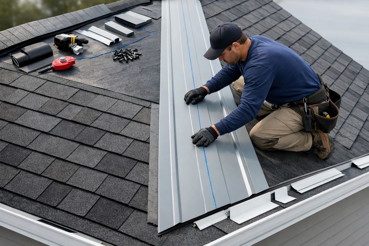 A roofer carefully aligning a long metal roof panel on a steep residential roof, with fasteners, flashing pieces, a chalk line, and trim components arranged along the ridge and eaves, while an adjacent section shows installed asphalt shingles for comparison