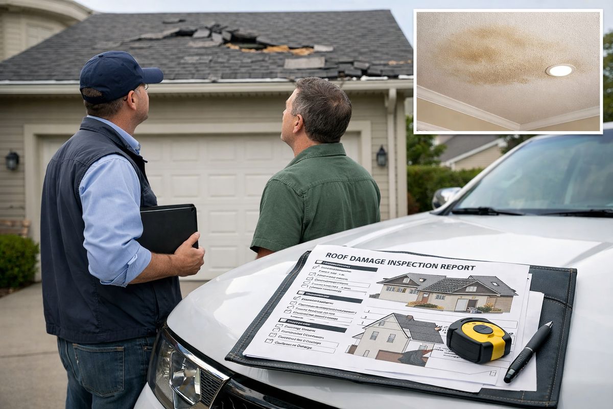 An insurance adjuster and homeowner on the driveway looking up at a storm-damaged roof, with a contractor’s inspection report spread over the hood of a truck and visible roof damage including missing shingles, dented gutters, and a stained ceiling area inside the house