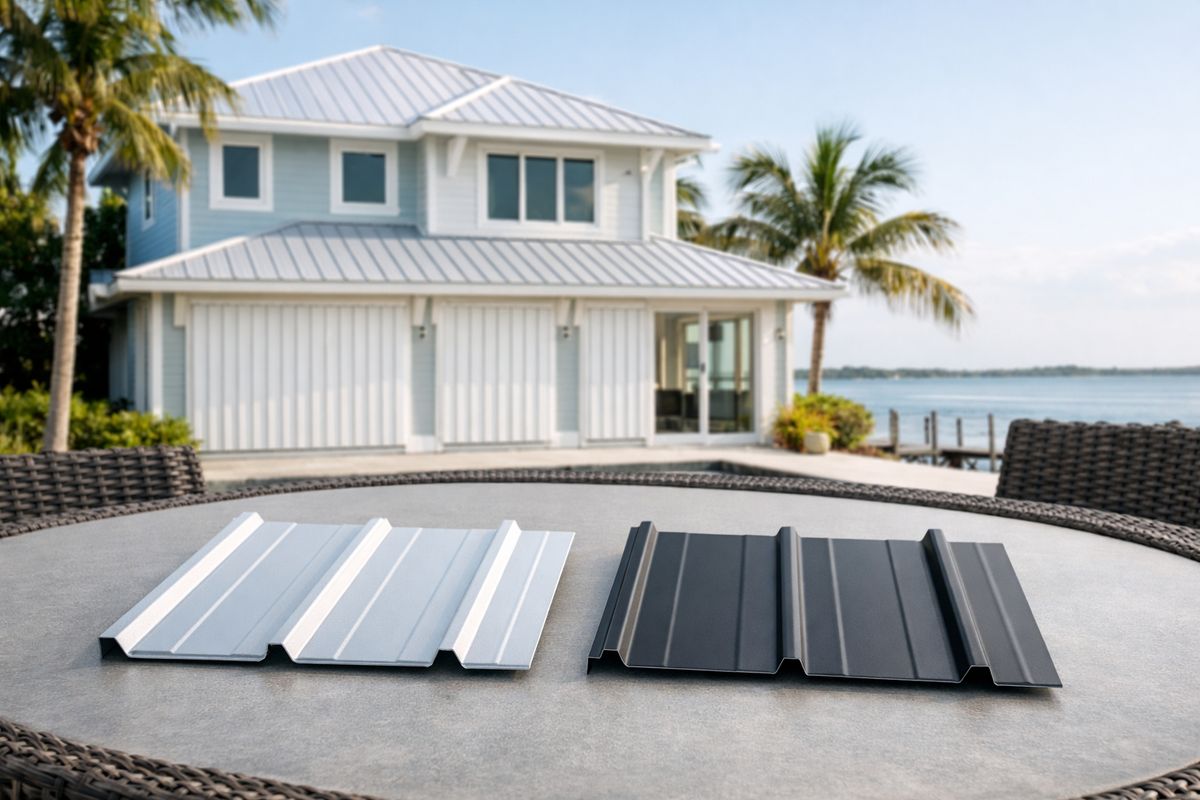 A coastal Florida house with palm trees and salt air near the water, showing a light-colored metal roof above hurricane shutters, with an aluminum roof panel sample and a steel panel sample resting on a patio table in the foreground