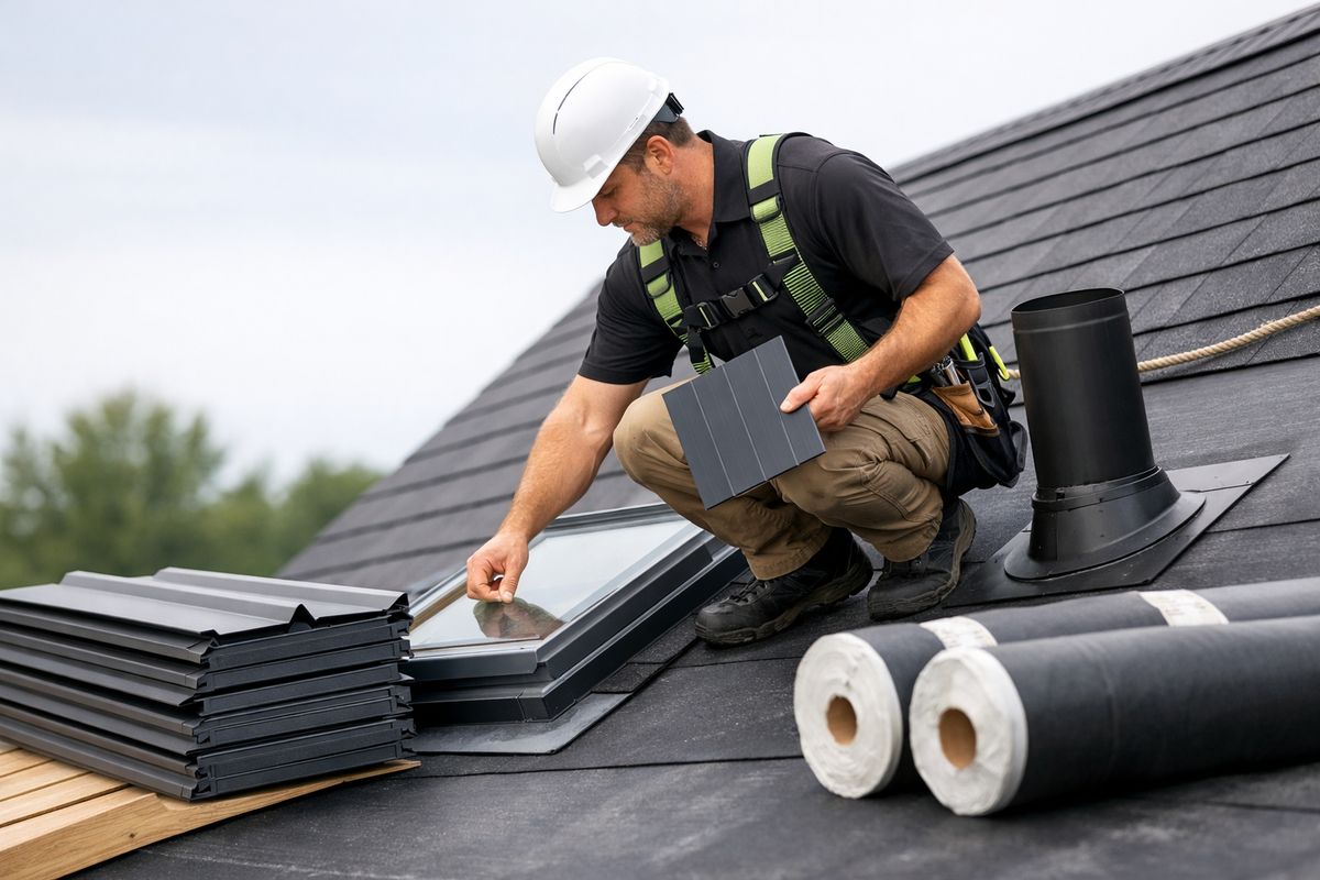 A roofing contractor on a steep house roof inspecting flashing around a skylight and vent pipe while holding a metal panel sample, with stacked panels and underlayment rolls staged nearby at the edge of the roof