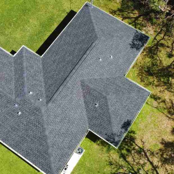 Completed asphalt shingle roof as seen from above